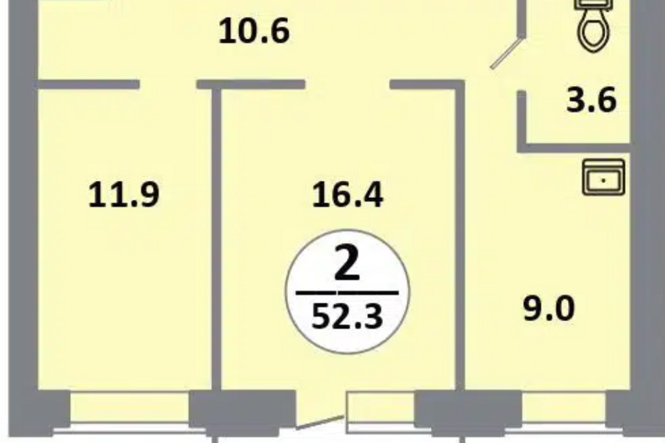 Продаётся 2-комнатная квартира, 52.3 м²