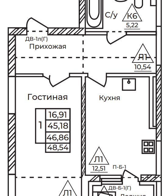 Продаётся 1-комнатная квартира, 48.54 м²