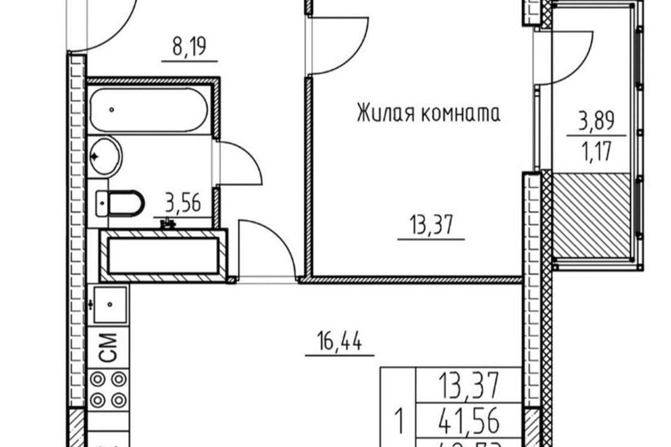 Продаётся 1-комнатная квартира, 42.67 м²