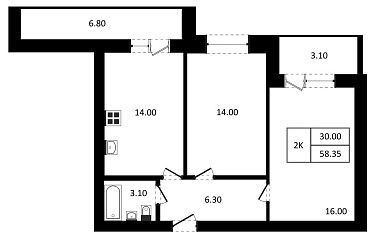 Продаётся 2-комнатная квартира, 58.35 м²