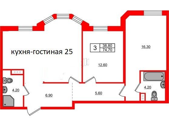 Продаётся 2-комнатная квартира, 74 м²