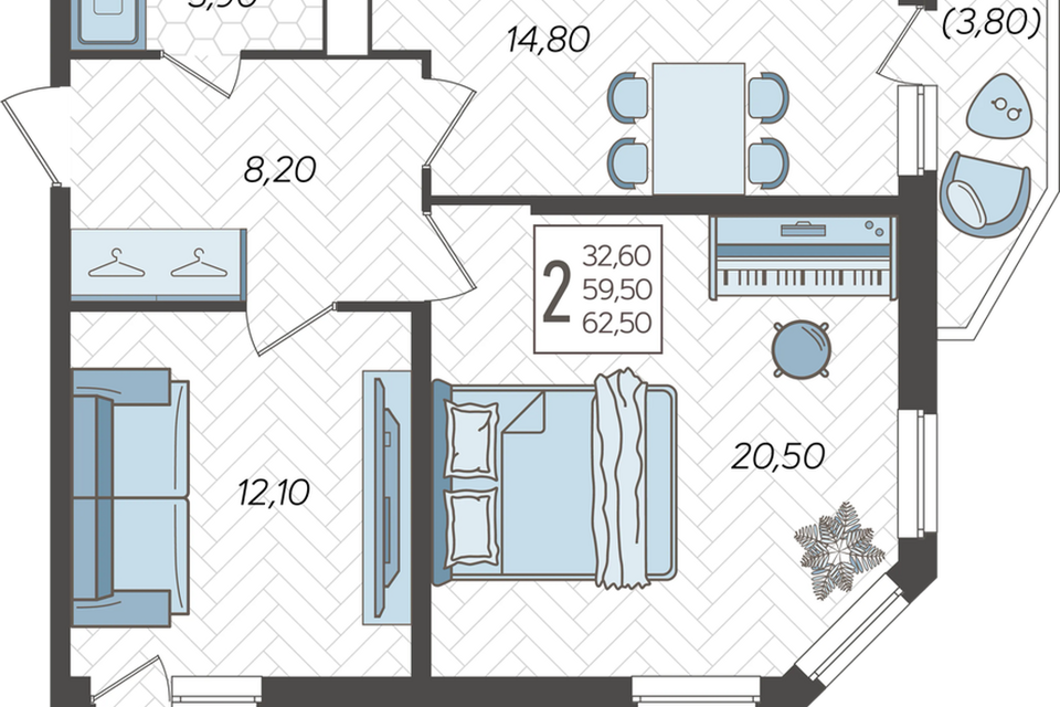 Продаётся 2-комнатная квартира, 59.6 м²