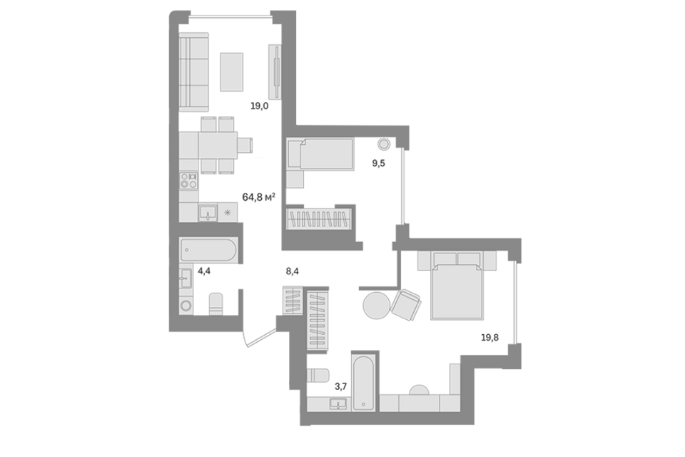 Продаётся 2-комнатная квартира, 64.8 м²