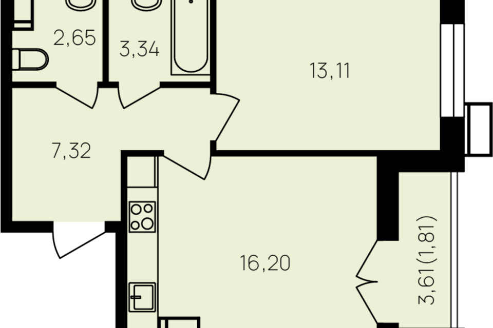 Продаётся 1-комнатная квартира, 45.6 м²