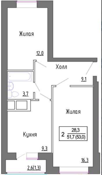 Продаётся 2-комнатная квартира, 53 м²