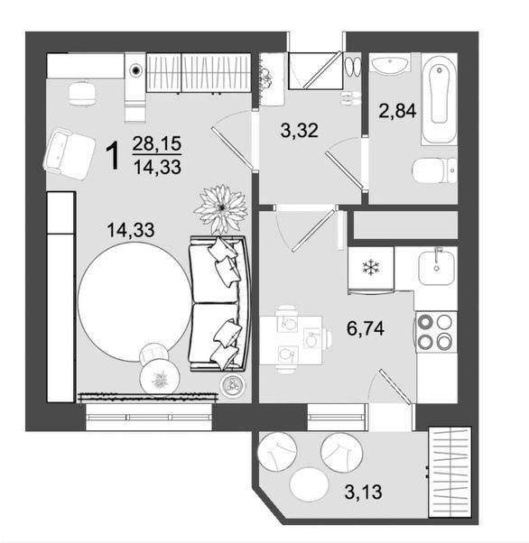 Продаётся 1-комнатная квартира, 28.14 м²