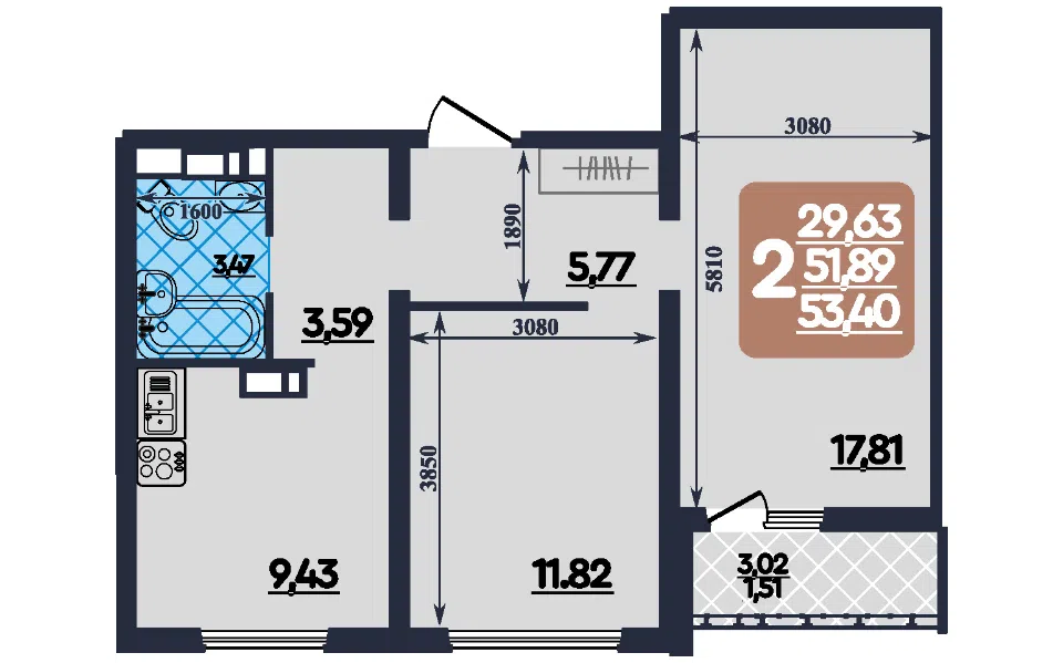 Продаётся 2-комнатная квартира, 53 м²