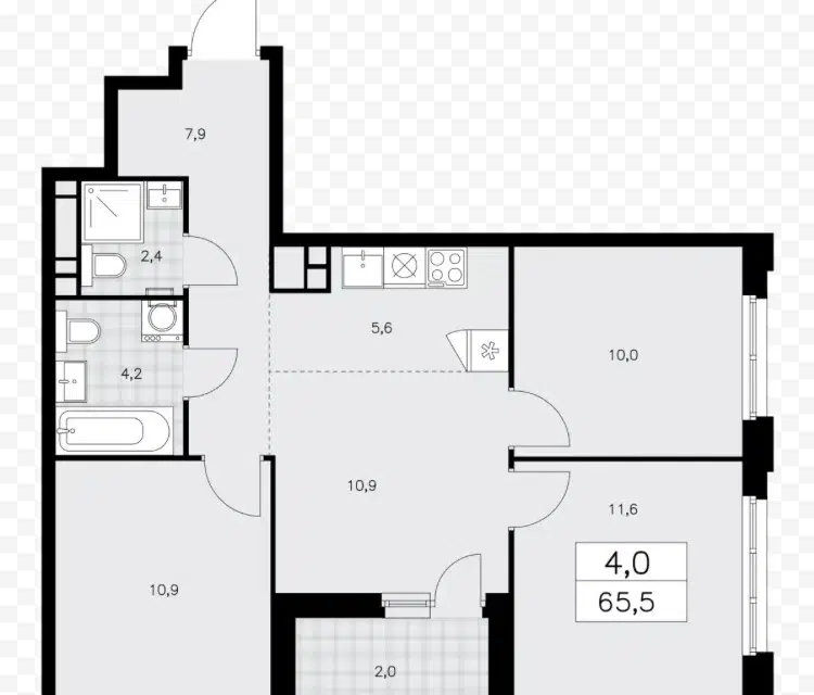 Продаётся 4-комнатная квартира, 66 м²