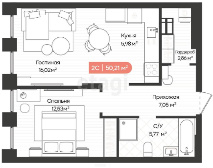 Продаётся 2-комнатная квартира, 50.21 м²