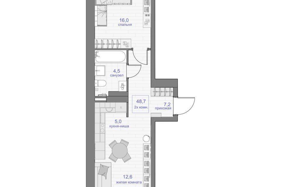 Продаётся 2-комнатная квартира, 48.7 м²