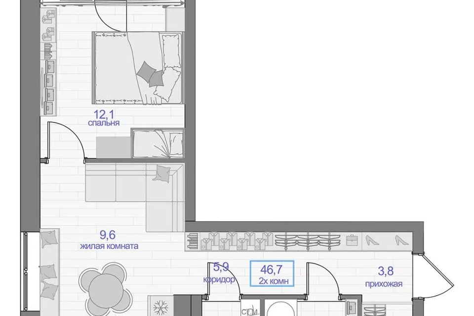 Продаётся 1-комнатная квартира, 46.7 м²