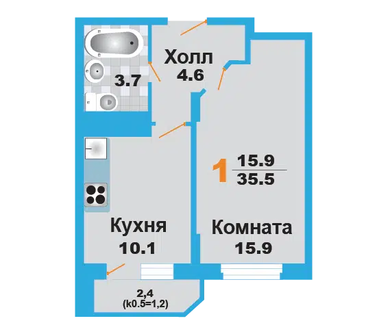 Продаётся 1-комнатная квартира, 34.7 м²