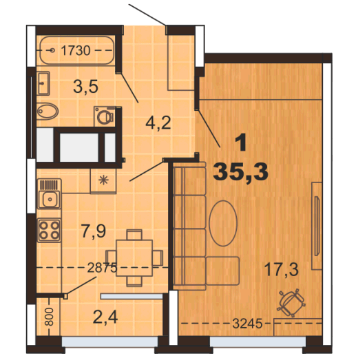 Продаётся 1-комнатная квартира, 35.3 м²