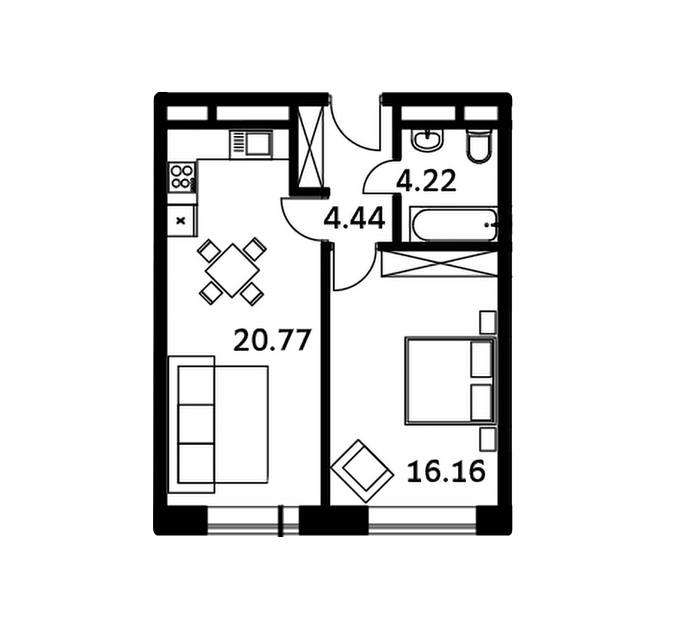 Продаётся 1-комнатная квартира, 45.59 м²