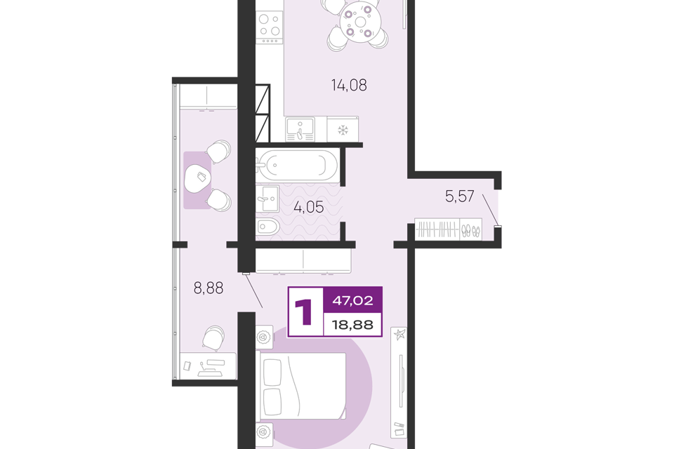 Продаётся 1-комнатная квартира, 47.02 м²
