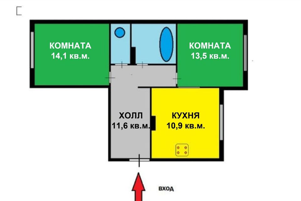 Продаётся 2-комнатная квартира, 55.2 м²