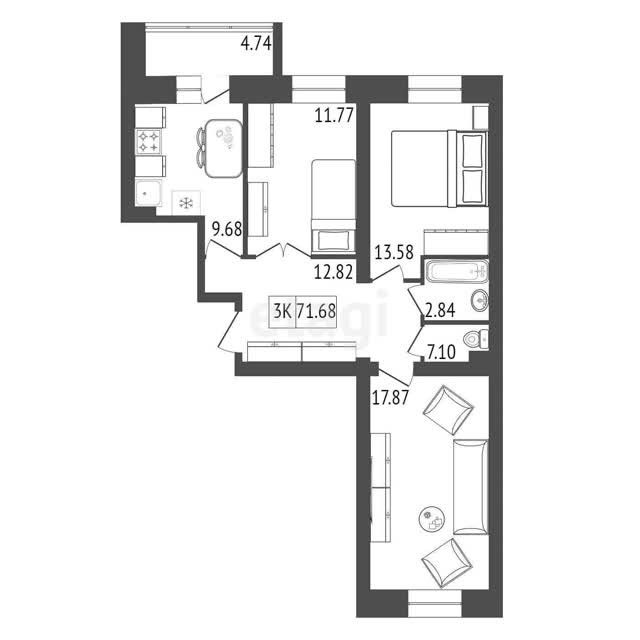 Продаётся 3-комнатная квартира, 71.68 м²