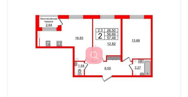 Продаётся 2-комнатная квартира, 57.48 м²