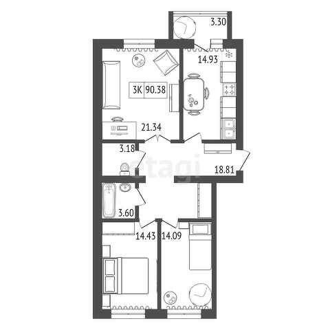 Продаётся 3-комнатная квартира, 91.37 м²
