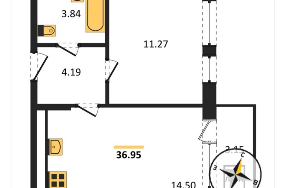 Продаётся 1-комнатная квартира, 36.95 м²