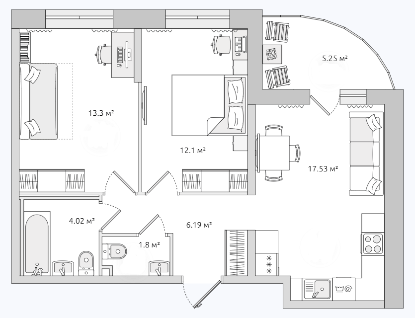 Продаётся 2-комнатная квартира, 54.5 м²