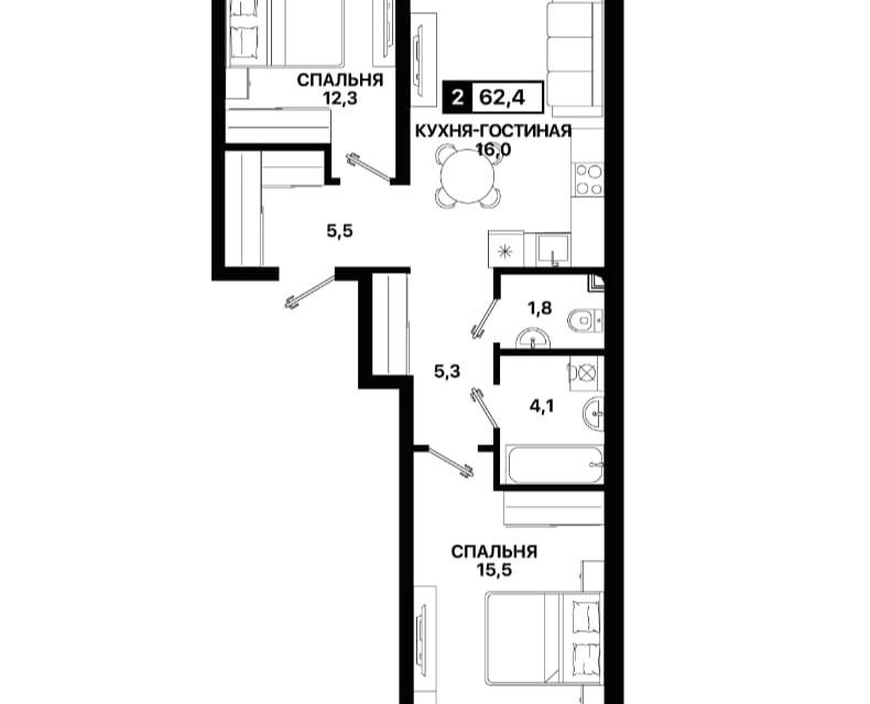 Продаётся 2-комнатная квартира, 62.4 м²