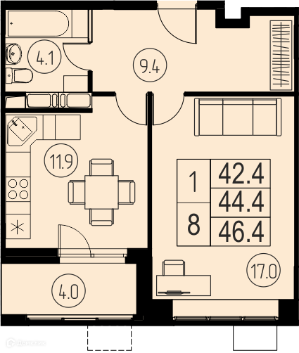 Продаётся 1-комнатная квартира, 44.4 м²