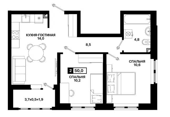 Продаётся 2-комнатная квартира, 50 м²