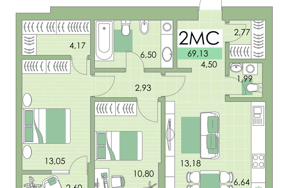 Продаётся 2-комнатная квартира, 69.1 м²