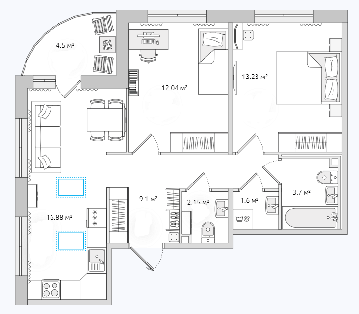 Продаётся 2-комнатная квартира, 57.6 м²