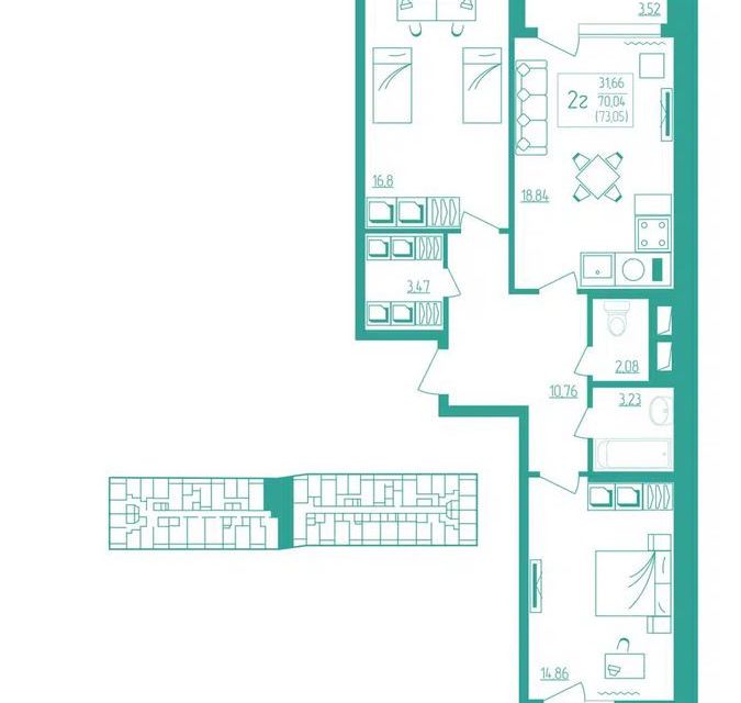 Продаётся 2-комнатная квартира, 70.4 м²