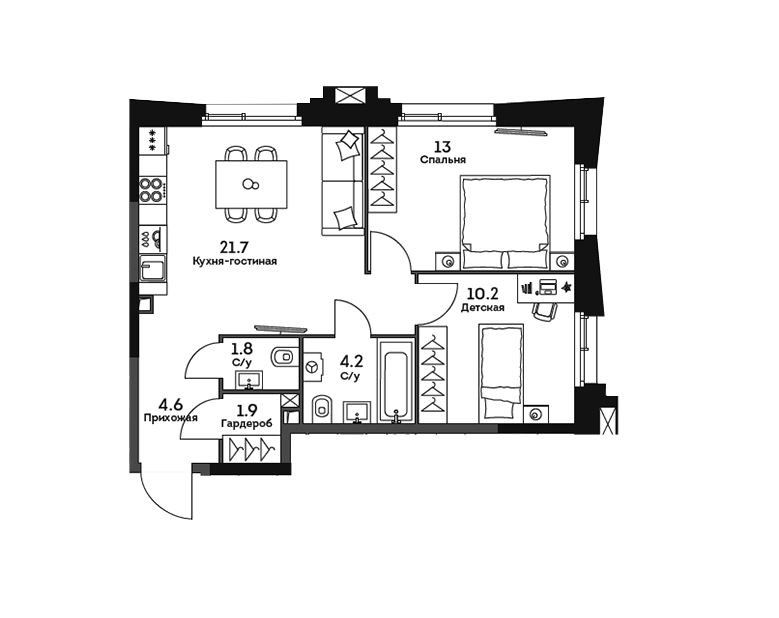 Продаётся 2-комнатная квартира, 57.4 м²