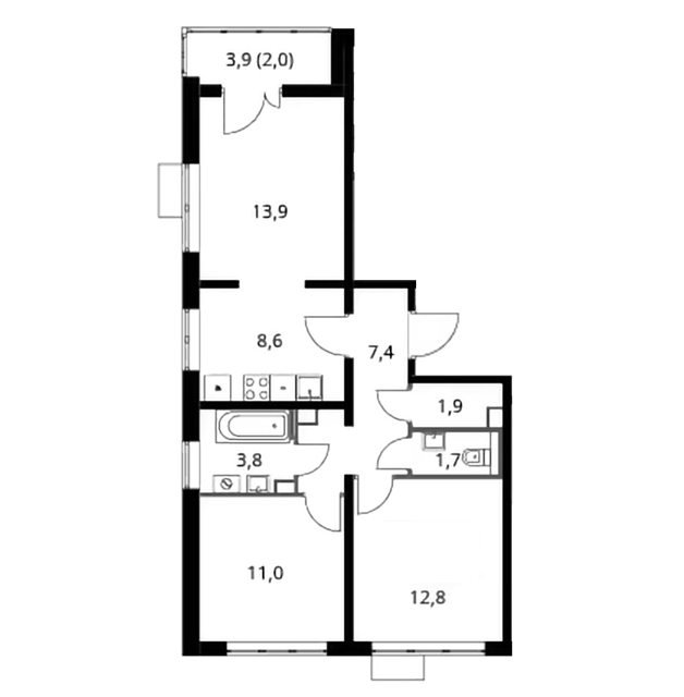 Продаётся 2-комнатная квартира, 63.1 м²