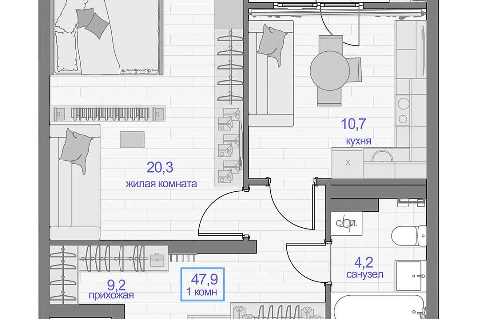 Продаётся 1-комнатная квартира, 47.9 м²