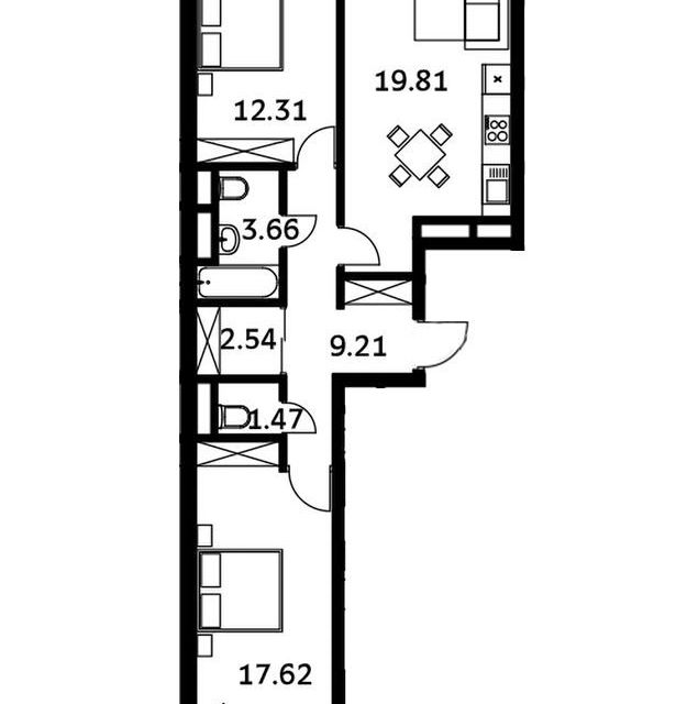 Продаётся 2-комнатная квартира, 66.62 м²