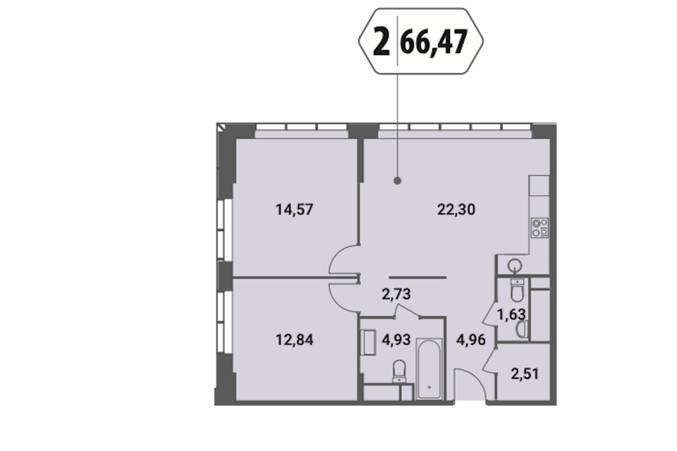 Продаётся 2-комнатная квартира, 66.5 м²
