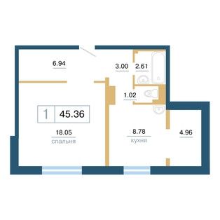 Продаётся 1-комнатная квартира, 45.36 м²