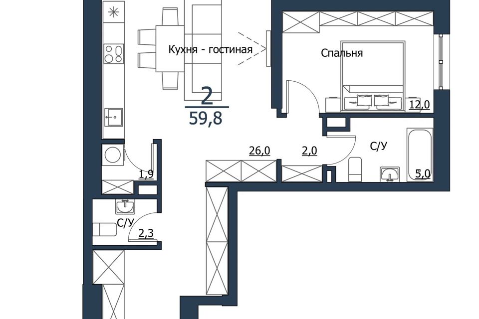 Продаётся 1-комнатная квартира, 59.8 м²