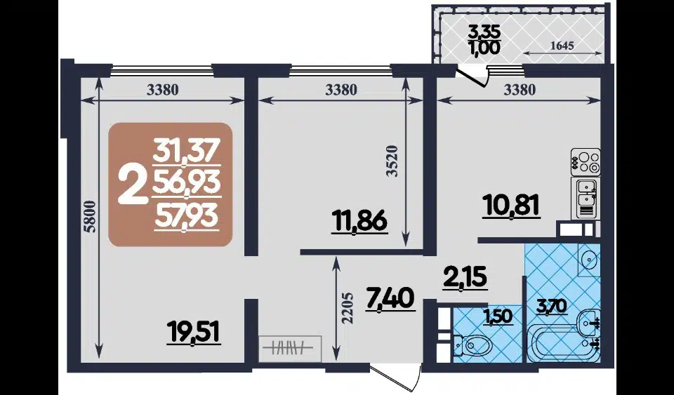 Продаётся 2-комнатная квартира, 58 м²