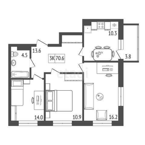 Продаётся 3-комнатная квартира, 70.6 м²