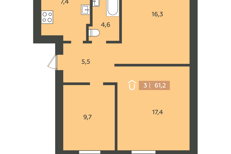 Продаётся 3-комнатная квартира, 61.2 м²