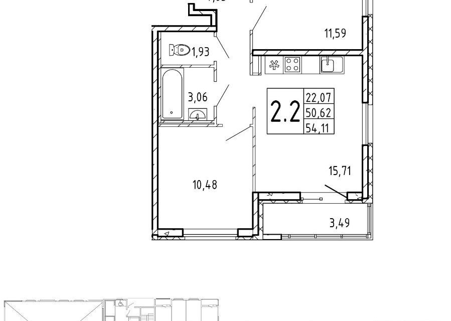 Продаётся 2-комнатная квартира, 52 м²