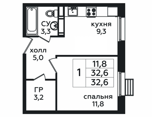 Продаётся 1-комнатная квартира, 32.5 м²