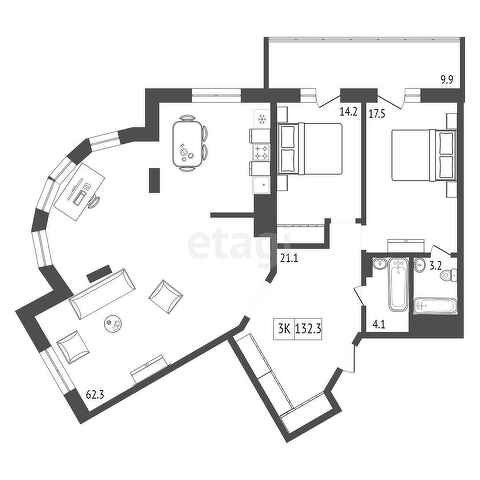 Продаётся 2-комнатная квартира, 131.8 м²