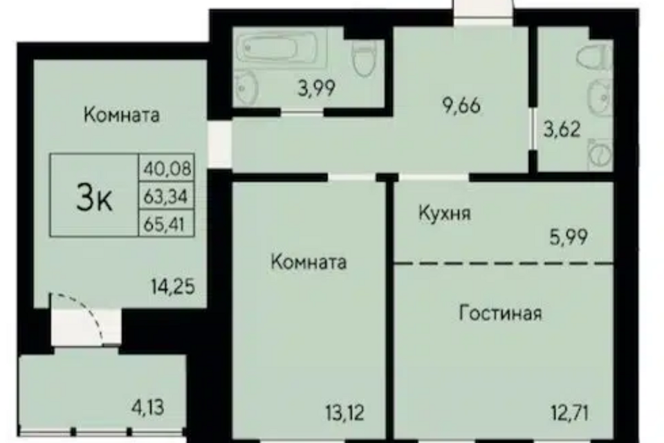 Продаётся 2-комнатная квартира, 65.4 м²