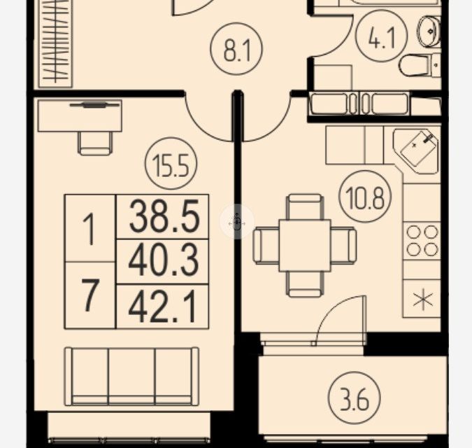 Продаётся 1-комнатная квартира, 38.5 м²