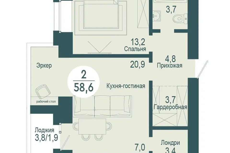 Продаётся 1-комнатная квартира, 58.6 м²