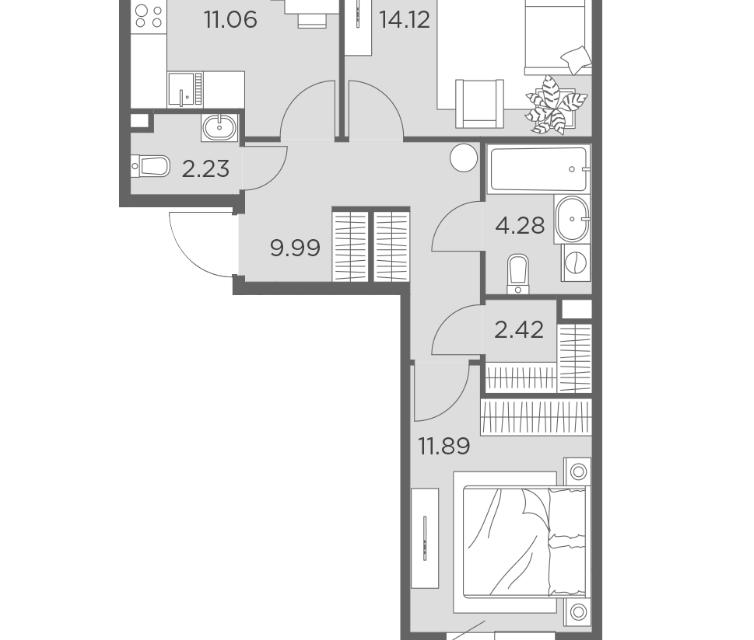 Продаётся 2-комнатная квартира, 57.95 м²