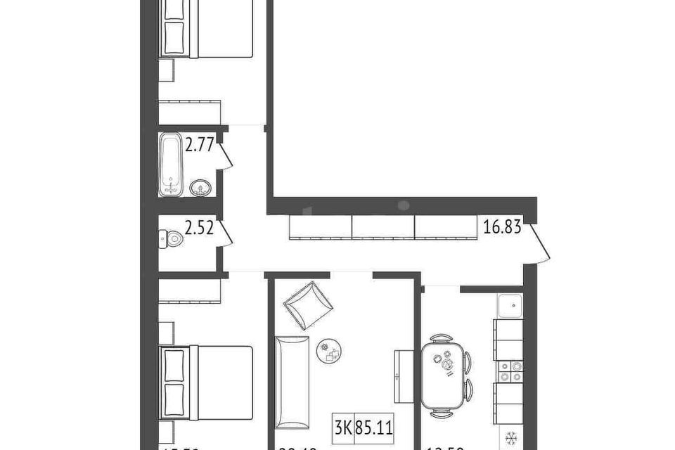 Продаётся 3-комнатная квартира, 86.67 м²