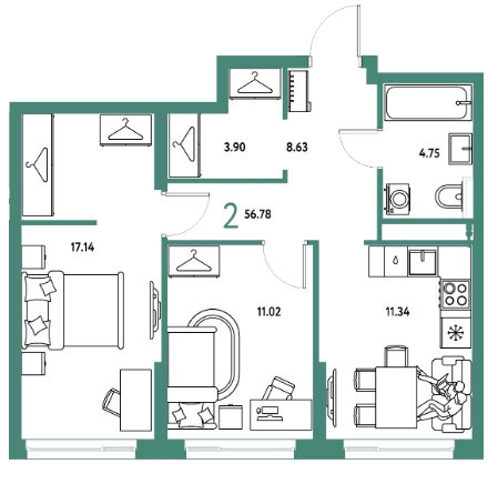 Продаётся 2-комнатная квартира, 56.78 м²